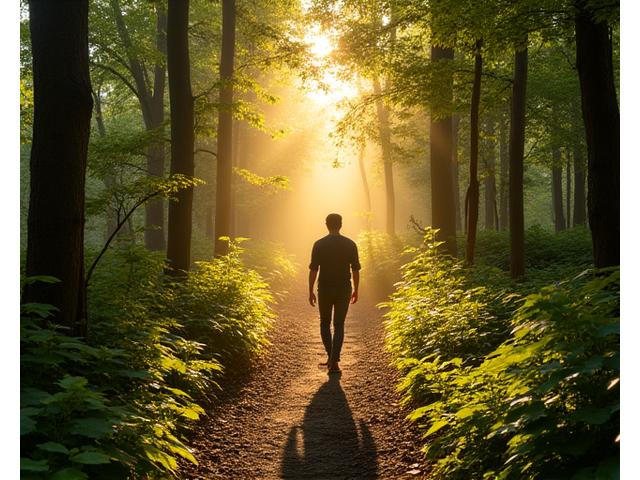 Person walking through a sunlit forest