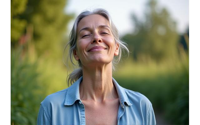 Person practicing deep breathing outdoors with a calm expression