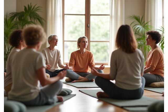 A group of people participating in a yoga or meditation session